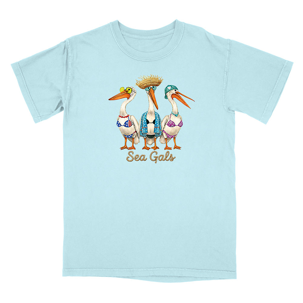Light blue t-shirt with 'Sea Gals' design featuring three pelicans in swimsuits on a white background.