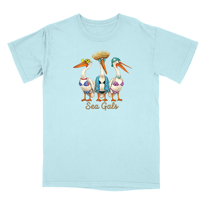 Light blue t-shirt with 'Sea Gals' design featuring three pelicans in swimsuits on a white background.
