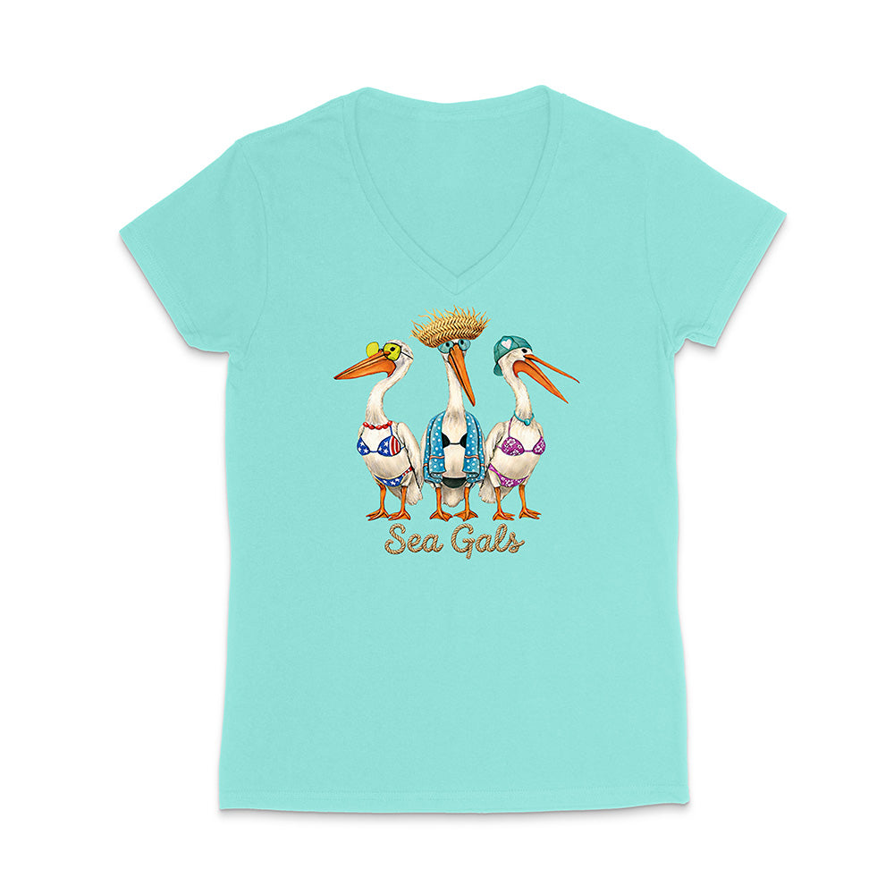 Light blue t-shirt with pelican design and 'Sea Gals' text on a white background