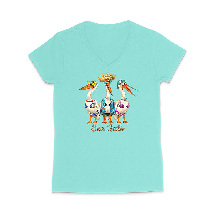 Light blue t-shirt with pelican design and 'Sea Gals' text on a white background