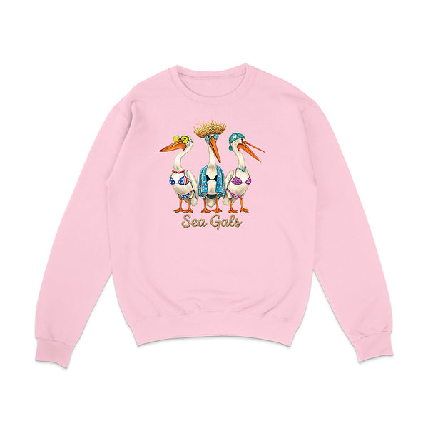 Pink sweatshirt with 'Sea Gals' design featuring three storks on a white background