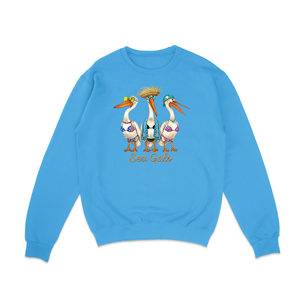 Blue sweatshirt with 'Sea Gals' design featuring three stylized pelicans on a white background