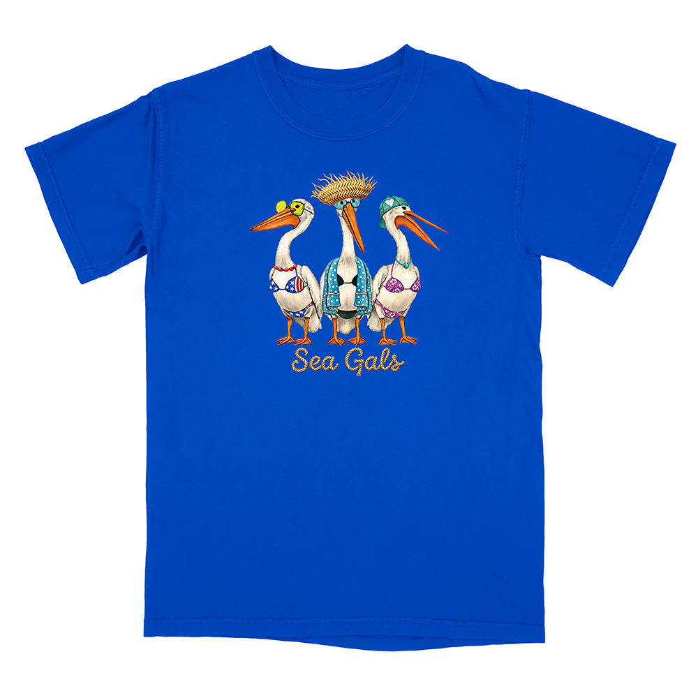 Blue t-shirt with 'Sea Gals' design featuring three stylized pelicans on a white background