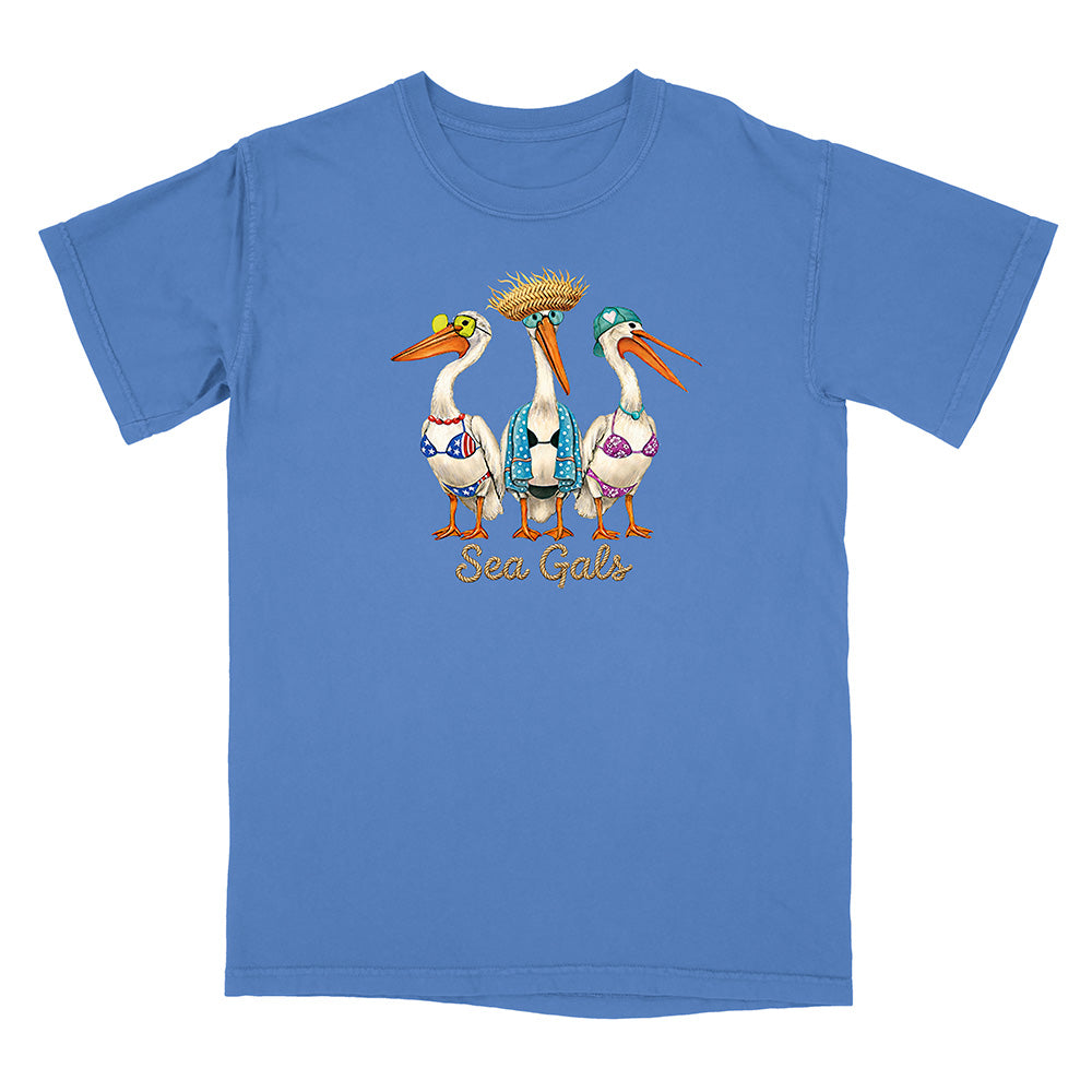 Blue t-shirt with a graphic of three stylized pelicans and 'Sea Gals' text on a white background
