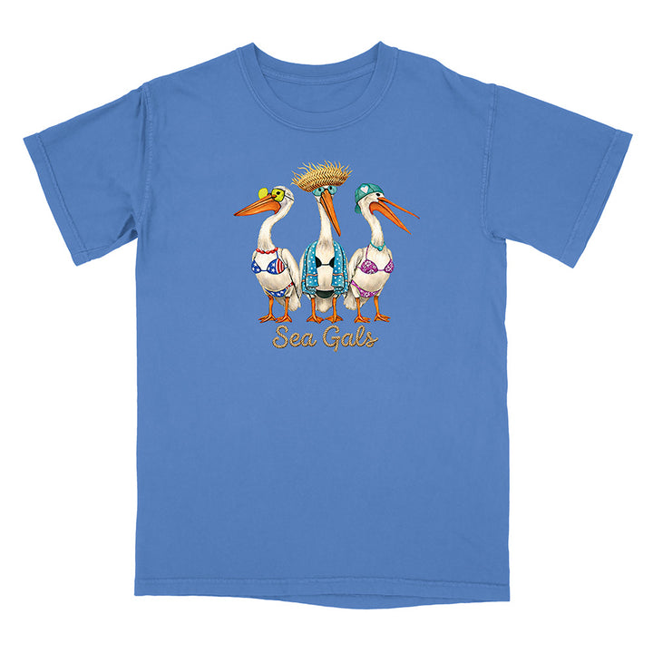 Blue t-shirt with a graphic of three stylized pelicans and 'Sea Gals' text on a white background