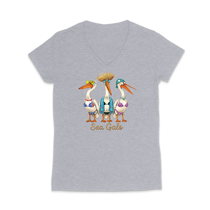 Gray t-shirt with 'Sea Gals' design featuring three pelicans on a white background