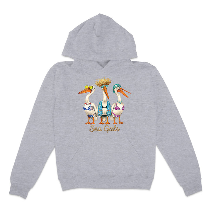 Gray hoodie with 'Sea Gals' design featuring three stylized pelicans on a white background