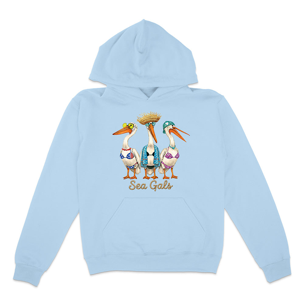 Light blue hoodie with 'Sea Gals' design featuring three stylized birds on a white background