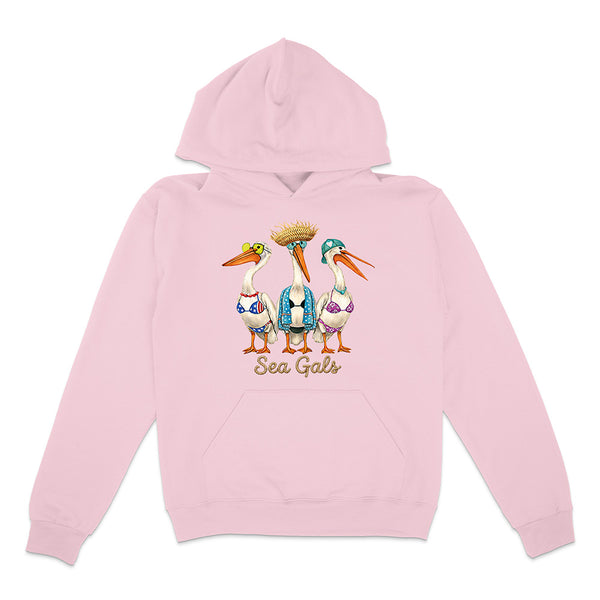 Pink hoodie with 'Sea Gals' design featuring three stylized pelicans on a white background