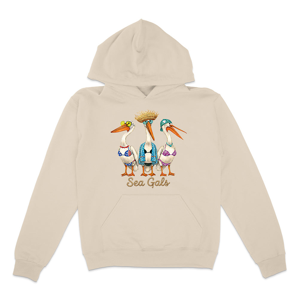 Beige hoodie with 'Sea Gals' design featuring three stylized pelicans on a white background
