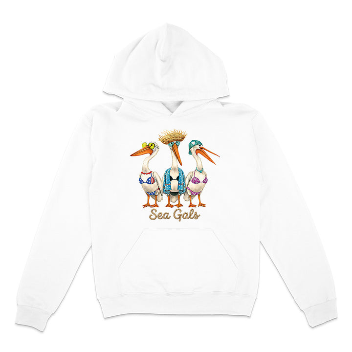 White hoodie with 'Sea Gals' design featuring three stylized pelicans on a white background