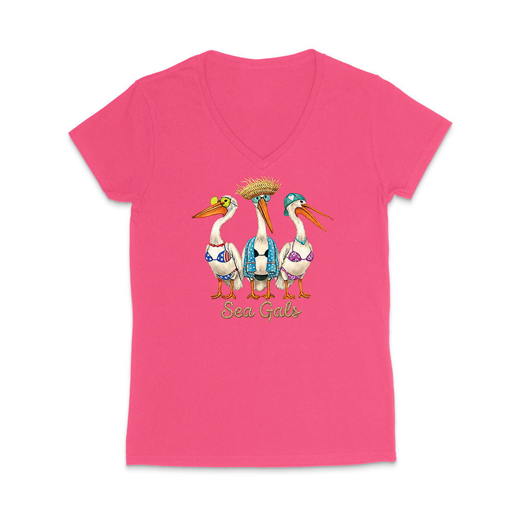 Pink t-shirt with 'Sea Gals' design featuring three pelicans on a white background