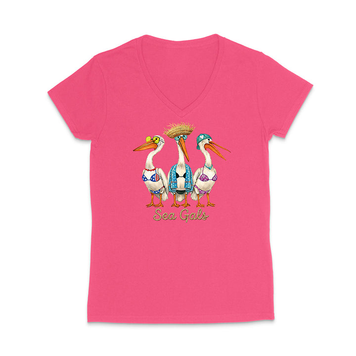 Pink t-shirt with 'Sea Gals' design featuring three pelicans on a white background