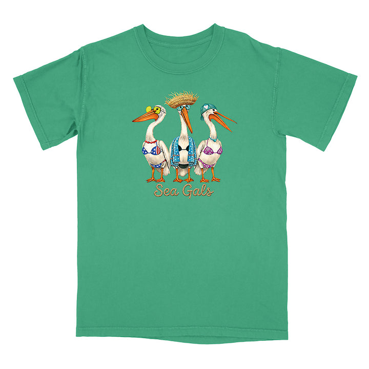 Green t-shirt with a graphic of three pelicans and 'Sea Gals' text on a white background