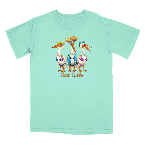 Mint green t-shirt with 'Sea Gals' design featuring pelicans in swimsuits on a white background.