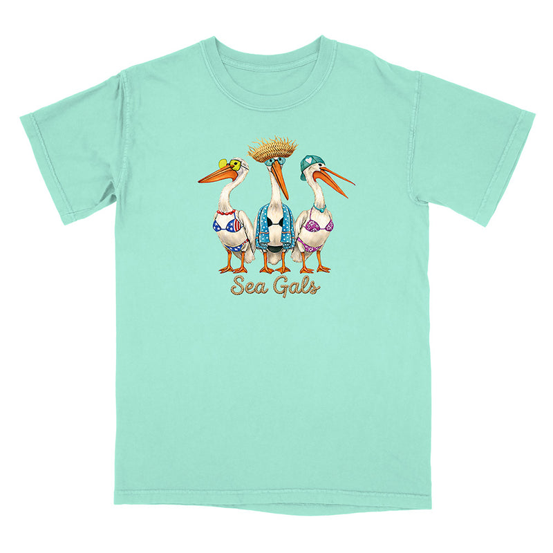 Mint green t-shirt with 'Sea Gals' design featuring pelicans in swimsuits on a white background.