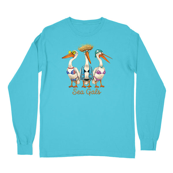 Blue long-sleeve shirt with 'Sea Gals' design featuring three cartoon pelicans in swimsuits on a white background.