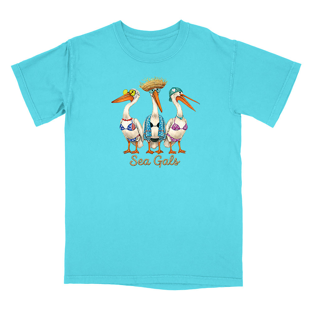 Blue t-shirt with 'Sea Gals' graphic featuring three stylized pelicans on a white background