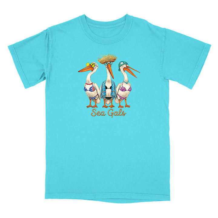 Blue t-shirt with 'Sea Gals' graphic featuring three stylized pelicans on a white background