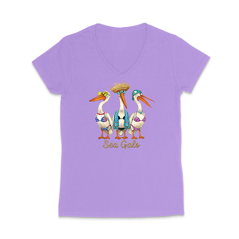 Purple t-shirt with a graphic of three pelicans and 'Sea Gals' text on a white background