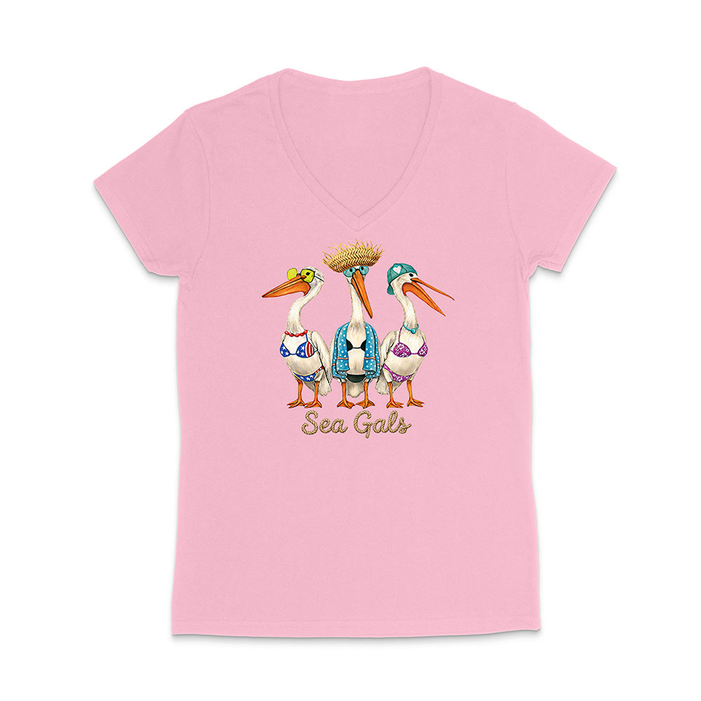 Pink t-shirt with 'Sea Gals' design featuring pelicans on a white background