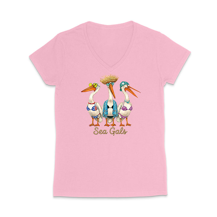 Pink t-shirt with 'Sea Gals' design featuring pelicans on a white background