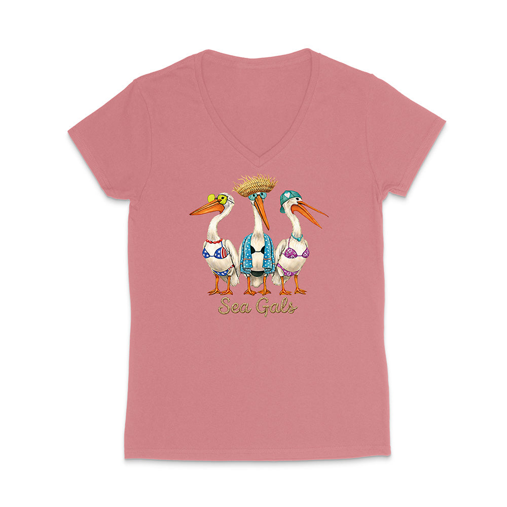 Pink t-shirt with a graphic of three pelicans and 'Sea Gals' text on a white background