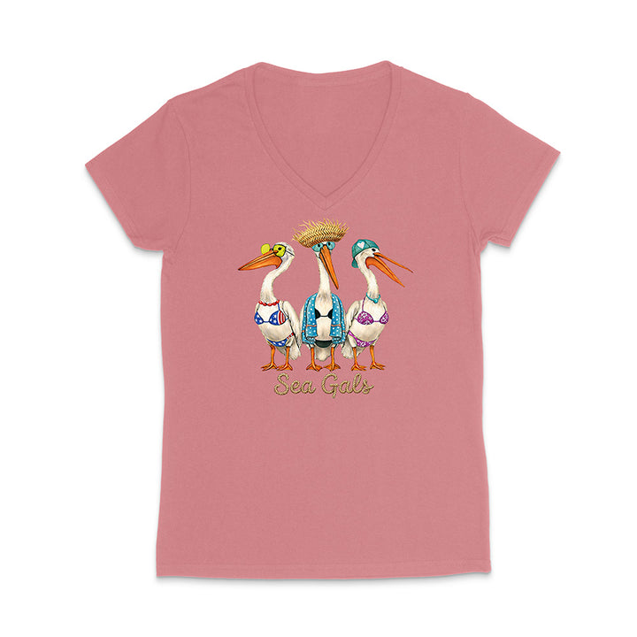 Pink t-shirt with a graphic of three pelicans and 'Sea Gals' text on a white background
