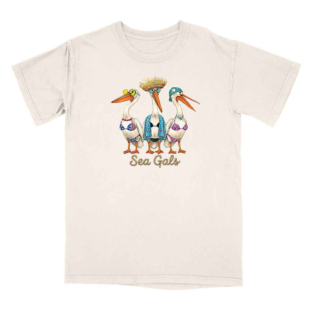 Beige t-shirt with 'Sea Gals' graphic featuring three storks in swimsuits on a white background