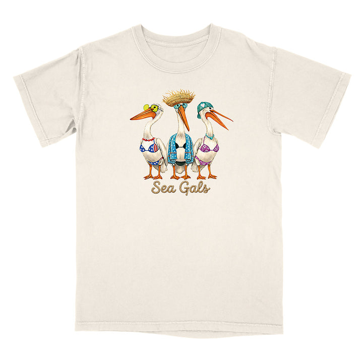 Beige t-shirt with 'Sea Gals' graphic featuring three storks in swimsuits on a white background