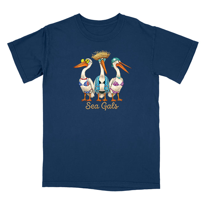 Navy blue t-shirt with 'Sea Gals' design featuring three stylized pelicans on a white background.