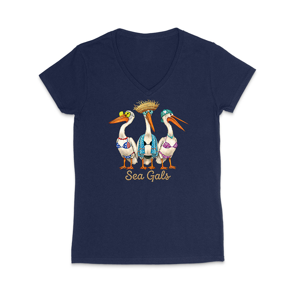 Navy blue t-shirt with 'Sea Gals' design featuring three stylized pelicans on a white background.