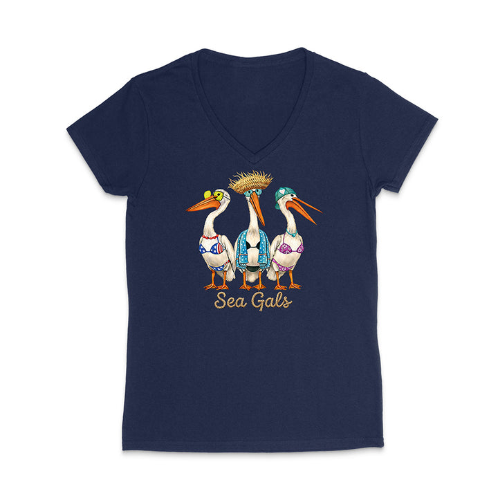 Navy blue t-shirt with 'Sea Gals' design featuring three stylized pelicans on a white background.
