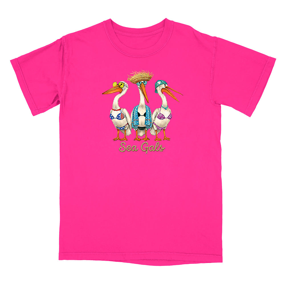 Pink t-shirt with a graphic of three stylized pelicans and 'Sea Gals' text on a white background