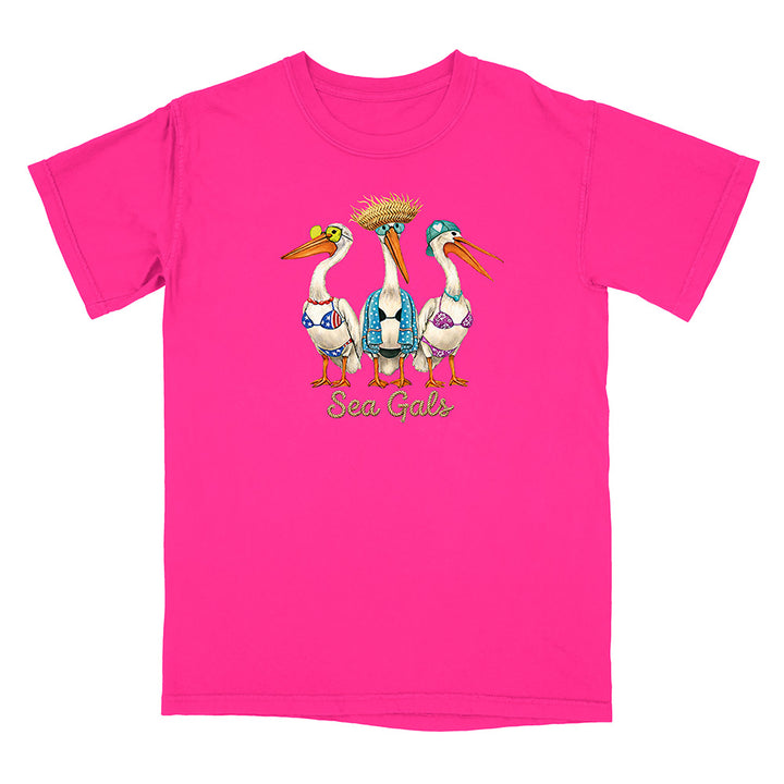 Pink t-shirt with a graphic of three stylized pelicans and 'Sea Gals' text on a white background