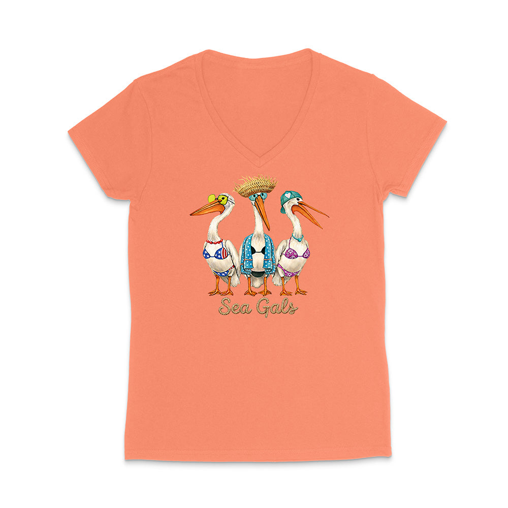 Coral t-shirt with pelican design and 'Sea Gals' text on a white background