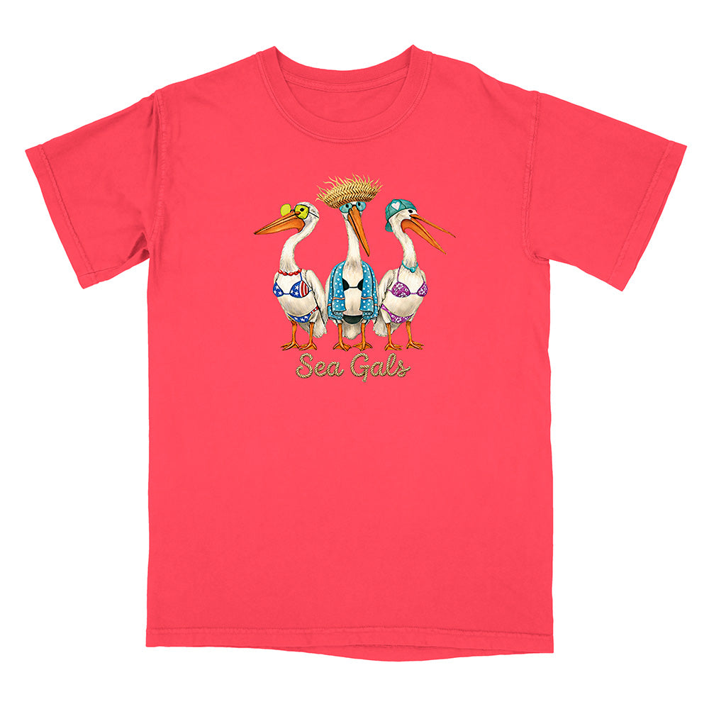 Red t-shirt with a graphic of three pelicans and 'Sea Gals' text on a white background