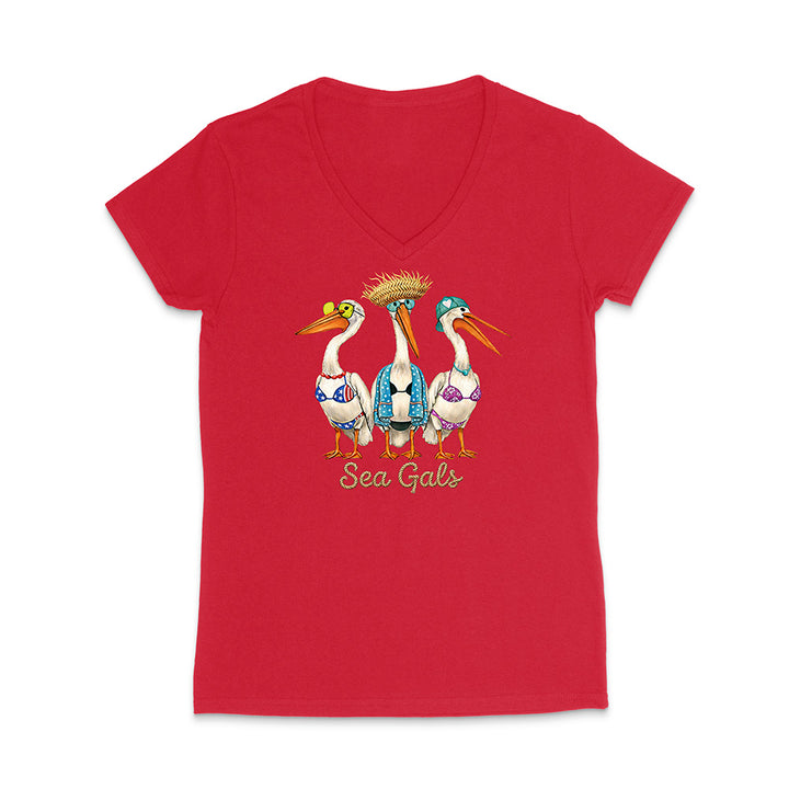 Red V-neck t-shirt with 'Sea Gals' graphic design featuring pelicans on a white background