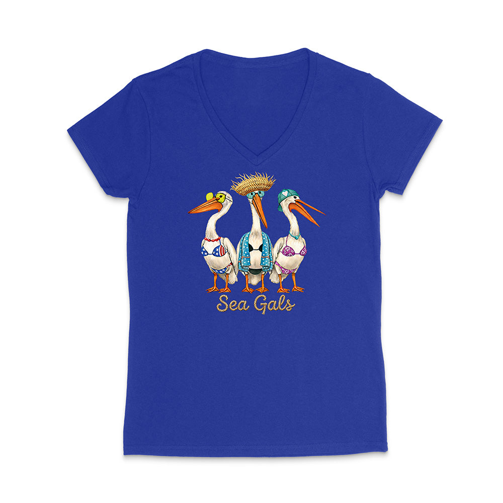 Blue t-shirt with 'Sea Gals' graphic design featuring three pelicans on a white background