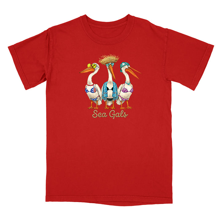 Red t-shirt with 'Sea Gals' design featuring three stylized pelicans on a white background