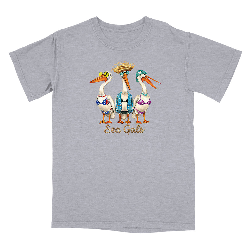 Gray t-shirt with 'Sea Gals' design featuring three stylized pelicans in swimsuits on a white background.