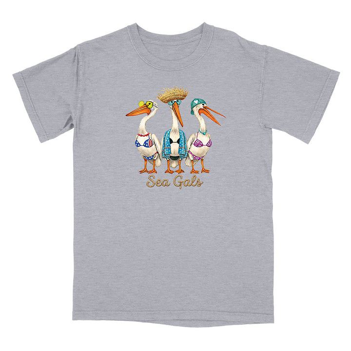 Gray t-shirt with 'Sea Gals' design featuring three stylized pelicans in swimsuits on a white background.