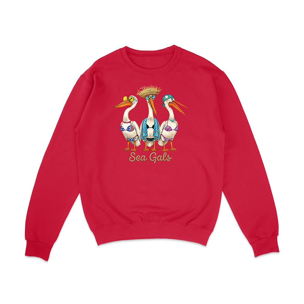 Red sweatshirt with 'Sea Gals' design featuring three stylized birds on a white background