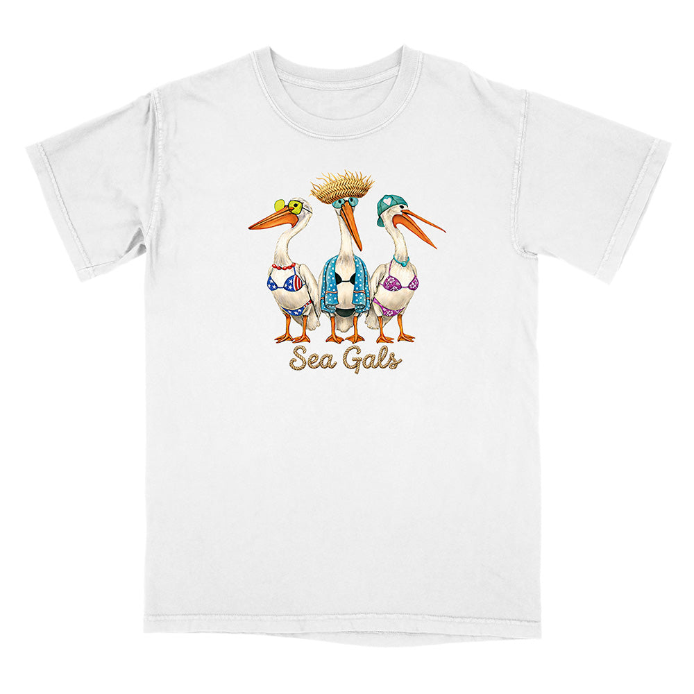 White t-shirt with 'Sea Gals' graphic featuring three storks in swimsuits on a white background