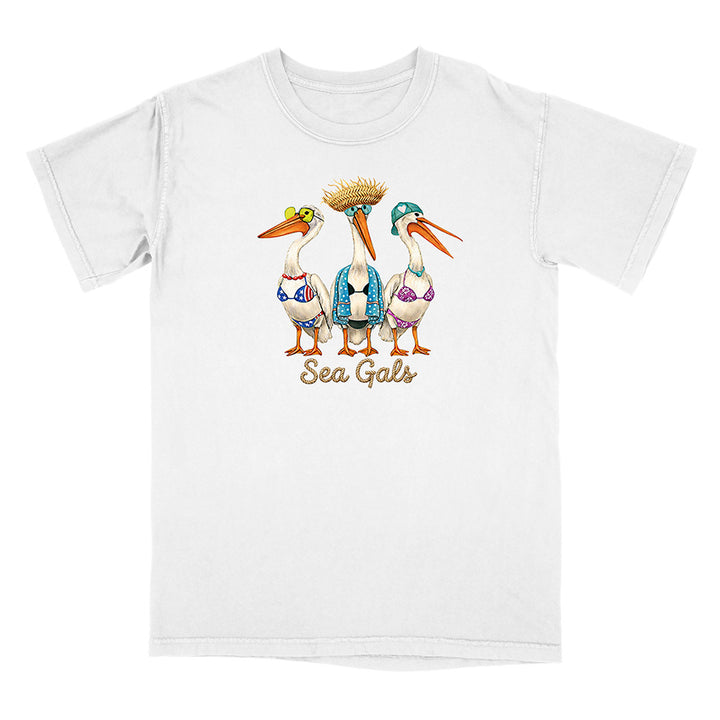 White t-shirt with 'Sea Gals' graphic featuring three storks in swimsuits on a white background