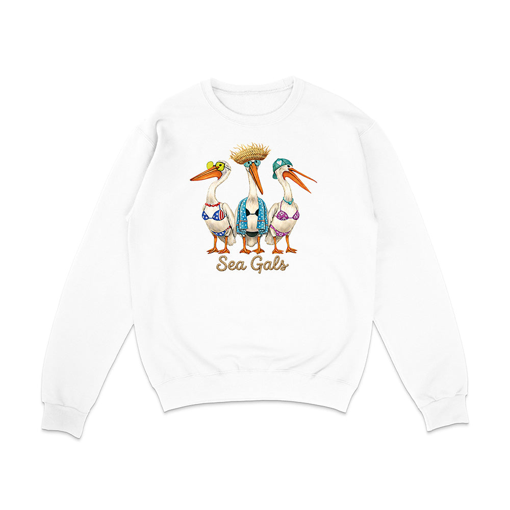 White sweatshirt with 'Sea Gals' design featuring three storks on a white background