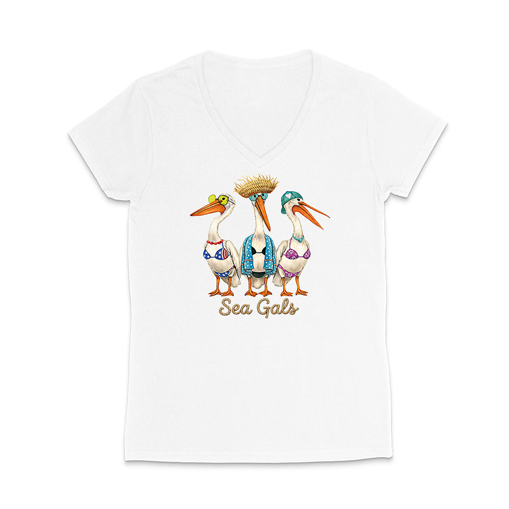 White t-shirt with colorful pelican design and 'Sea Gals' text on a white background