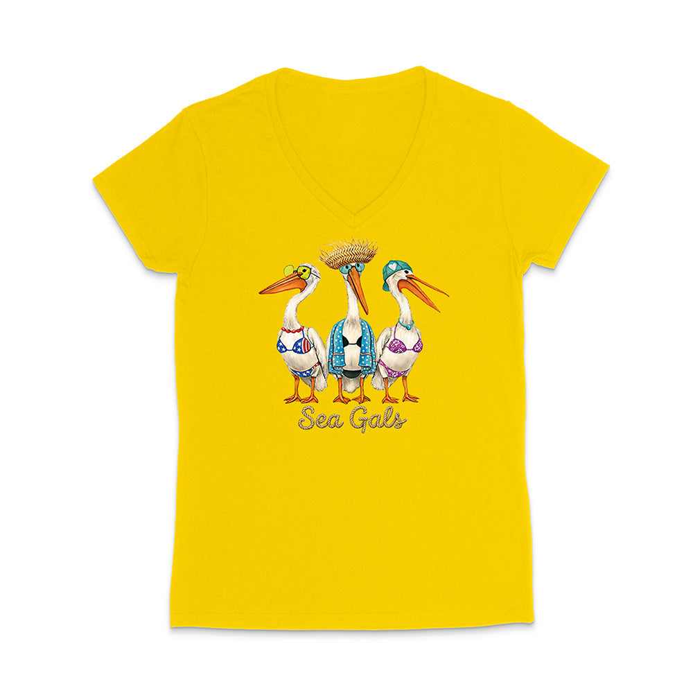 Yellow t-shirt with pelican design and 'Sea Gals' text on a white background