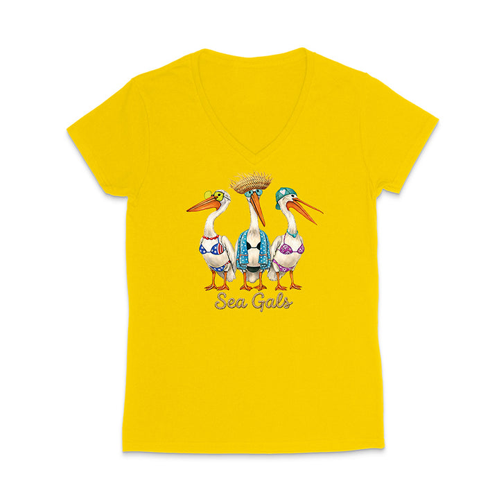 Yellow t-shirt with pelican design and 'Sea Gals' text on a white background