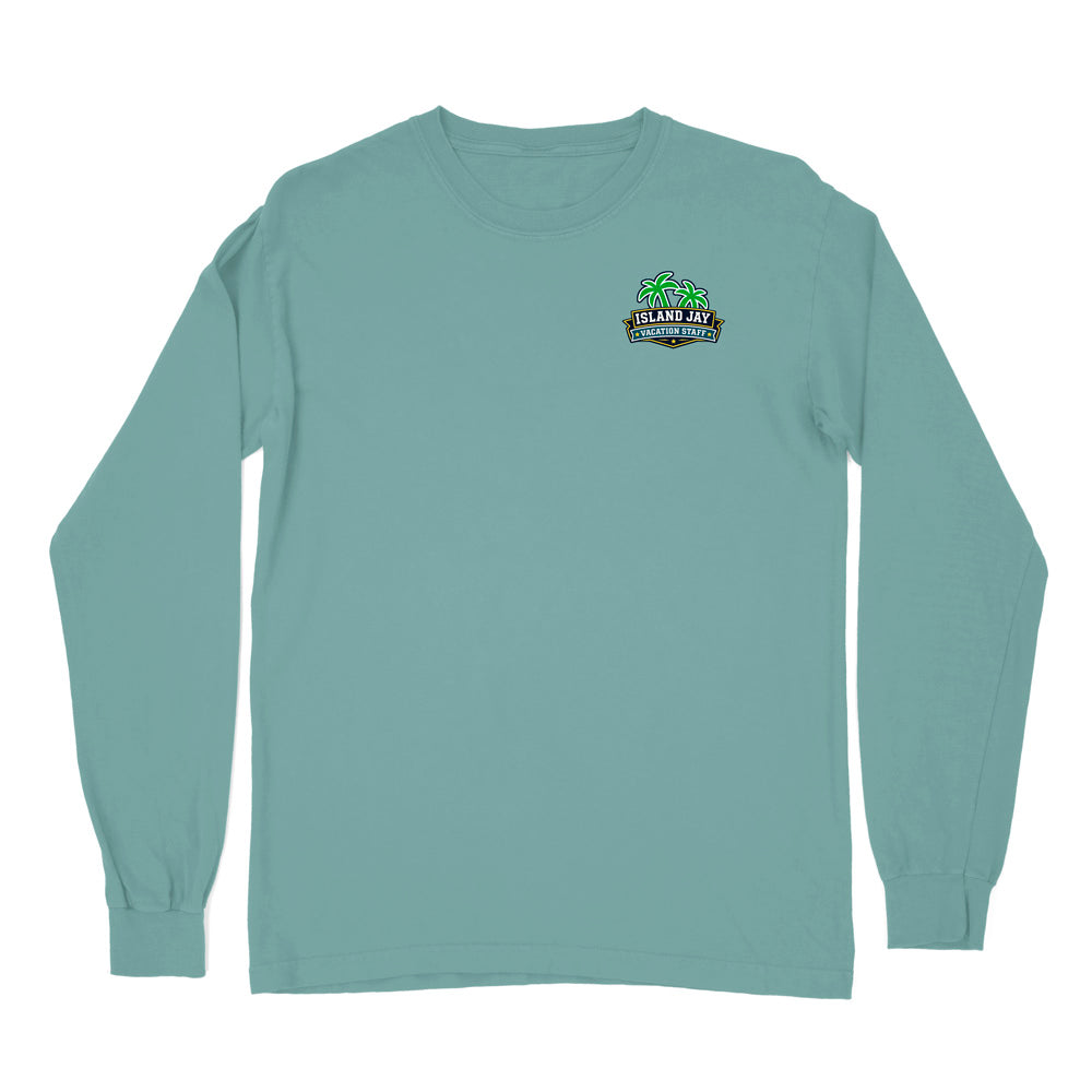 A long-sleeve crewneck t-shirt in a muted teal-green color, featuring a small graphic logo on the left chest that reads 'Fell's Joy Brewing Company' with a green beer foam head illustration.